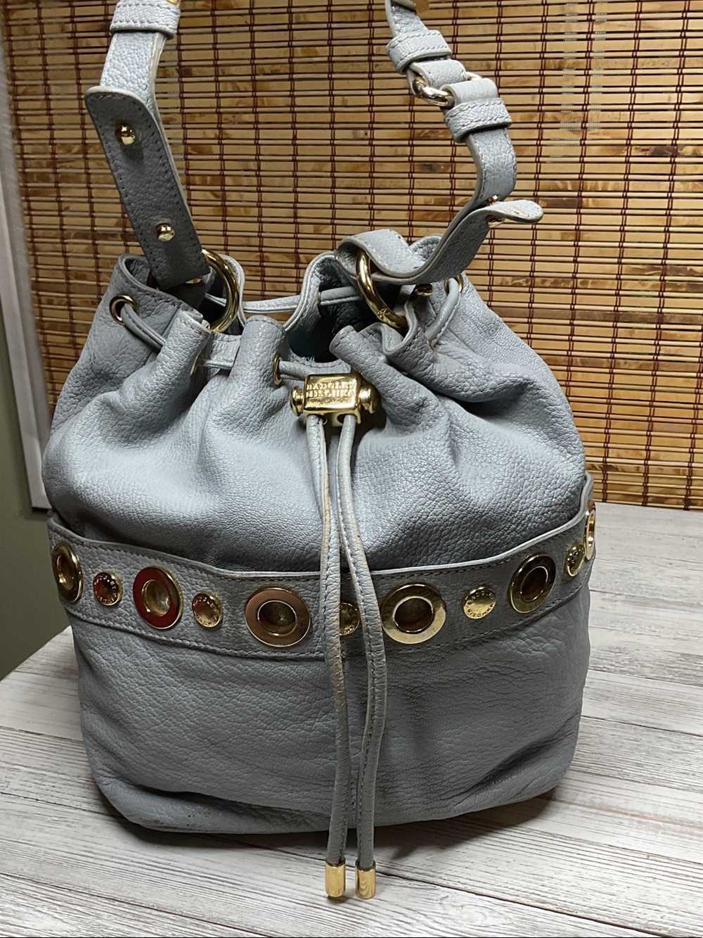 Badgley Mischka periwinkle blue soft leather studded bucket bag shoulder bag